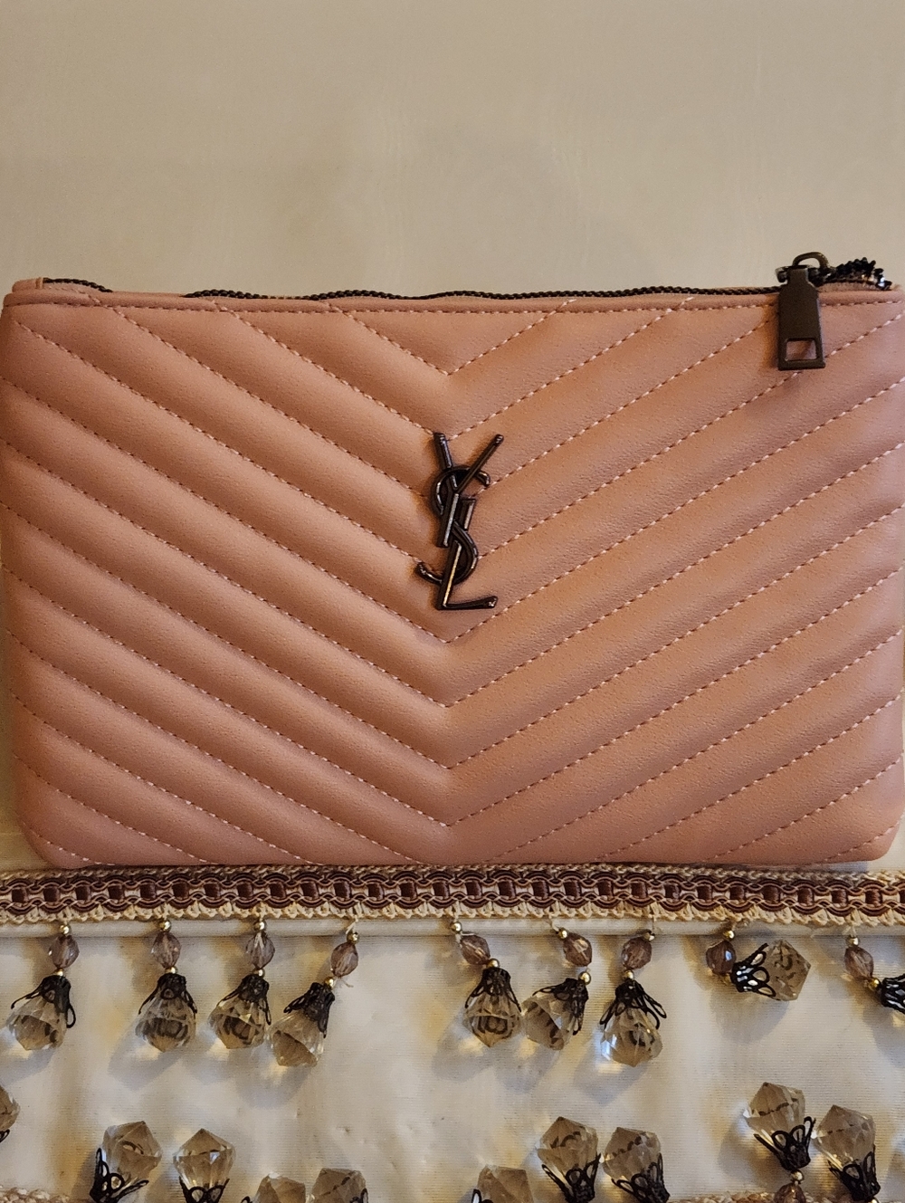 Yves Saint Laurent Quilted Chevron Leather Wristlet in Dusty Pink